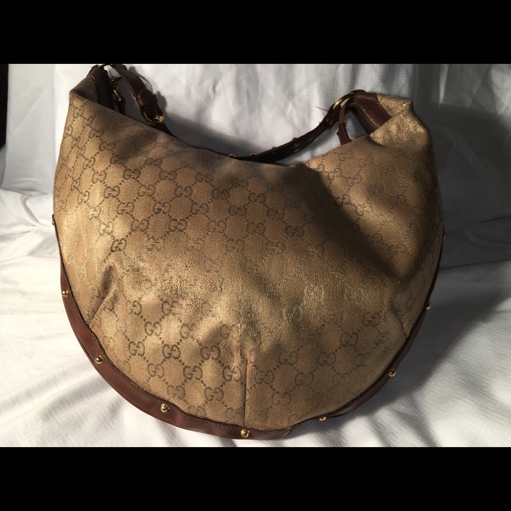 Gucci Gold & Brown leather studded Crescent Purse